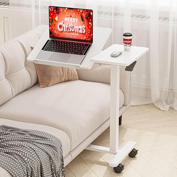 Overbed Laptop Table Tilt Top C Shaped Height Adjustable on Wheels 70x40cm White