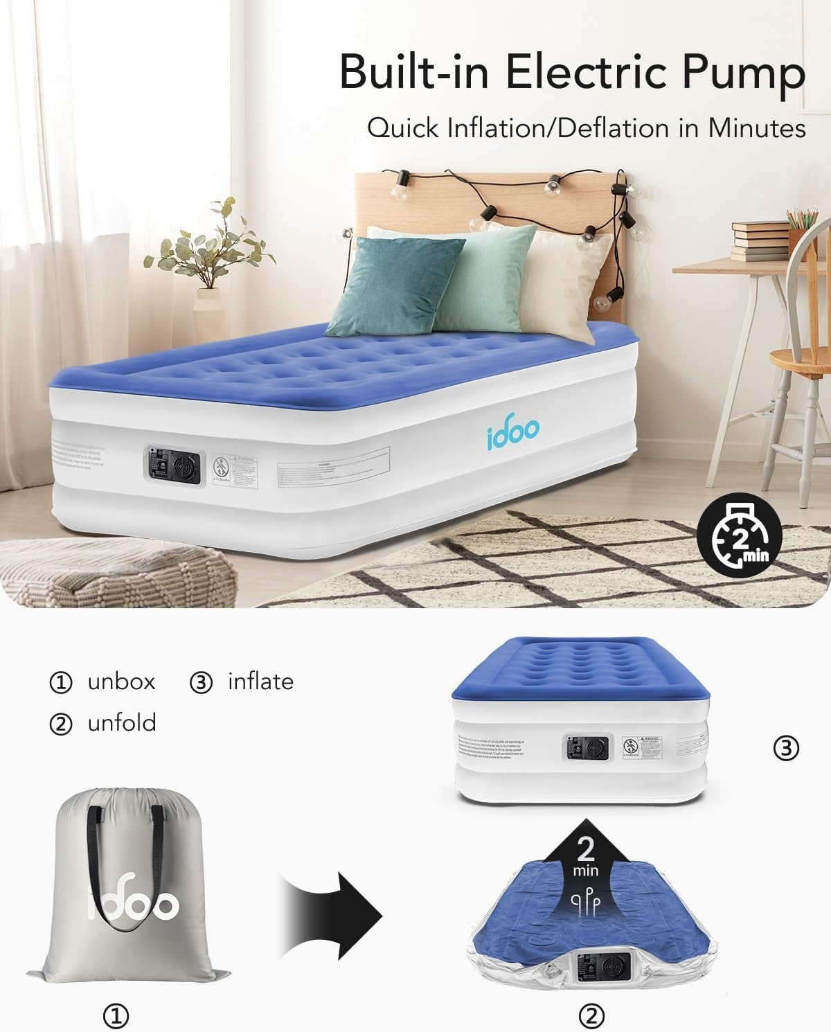 Single Inflatable Air Bed Built In Electric Pump Fast Inflate Guest Blue Matress