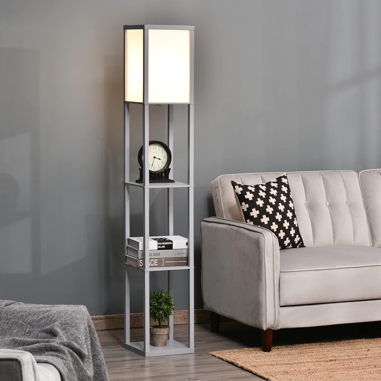 Floor Lamp with Shelves Storage Modern Standing Light Grey 3 Tier 160cm