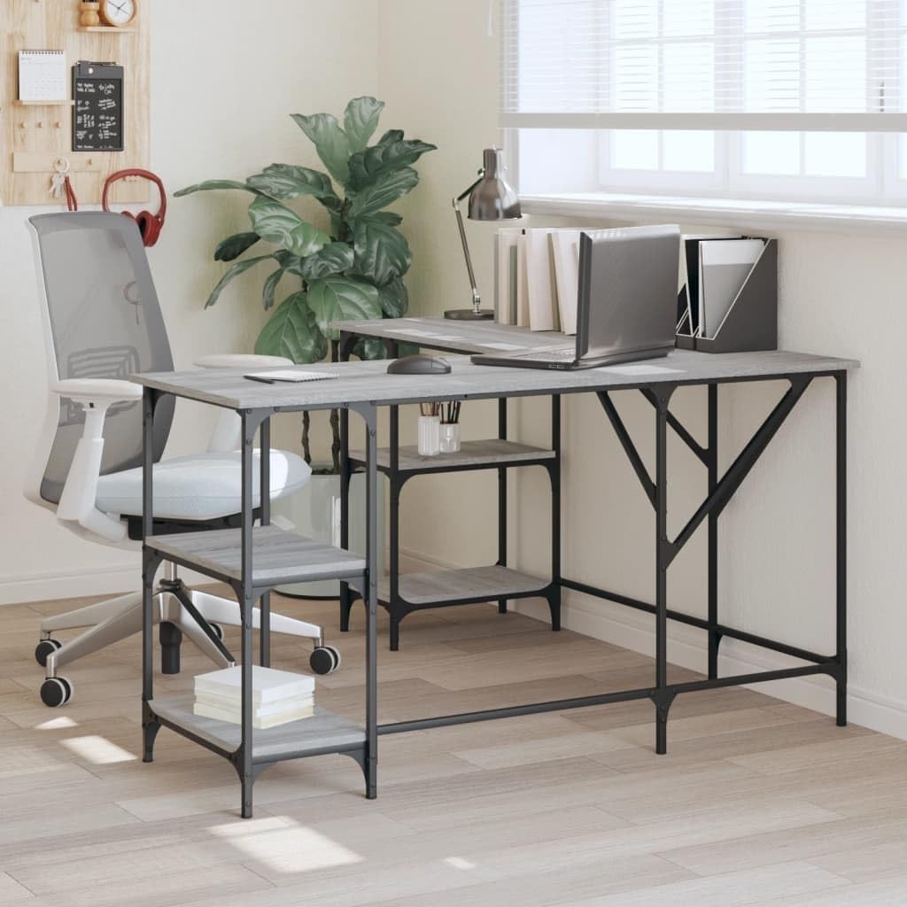 L-Shape Corner Desk with Shelves 139cm Grey Sonoma Home Office Table