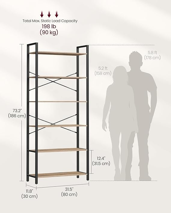 6 Tier Industrial Bookshelf Tall Storage Unit Metal Frame 30×80×186cm Shelving