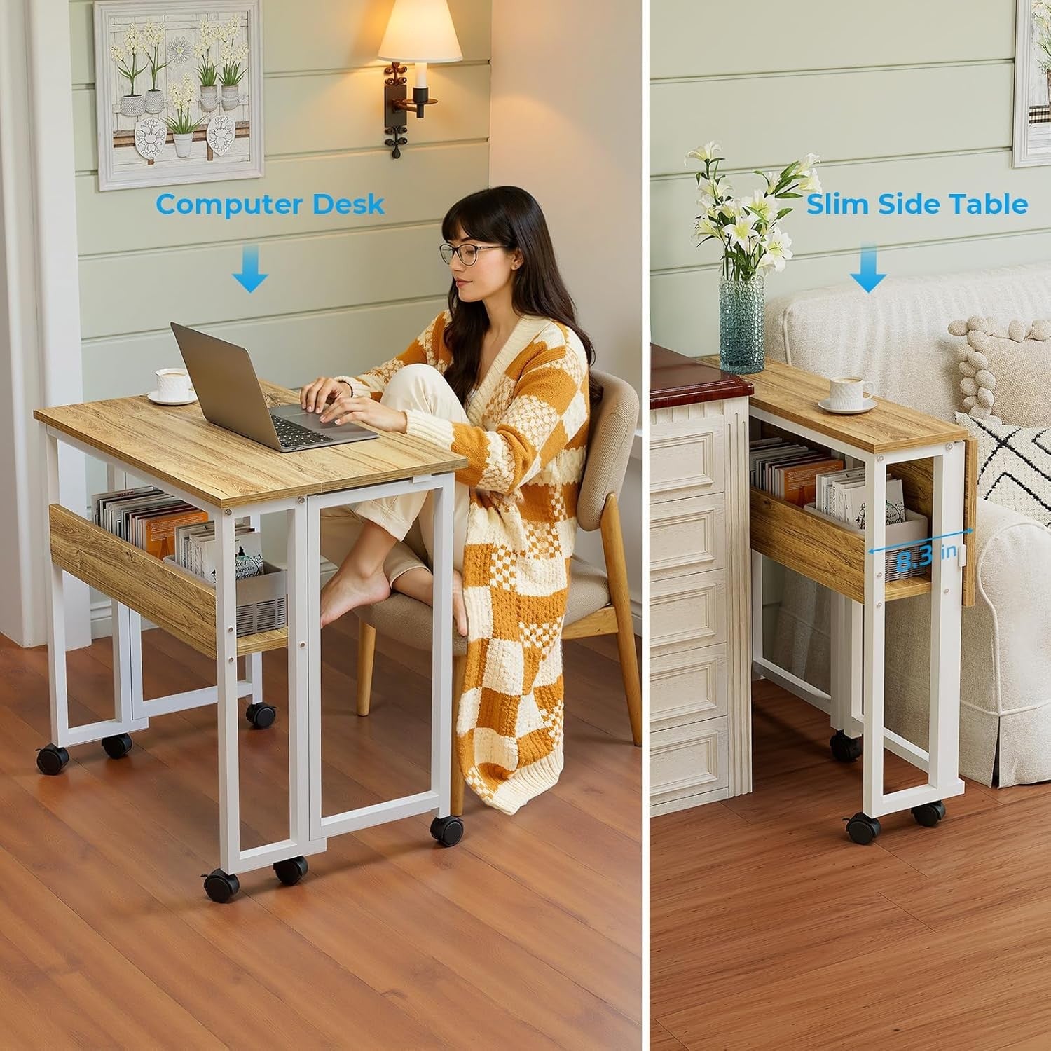 Small Folding Desk with Storage Shelf Rolling Computer Desk for Home Office