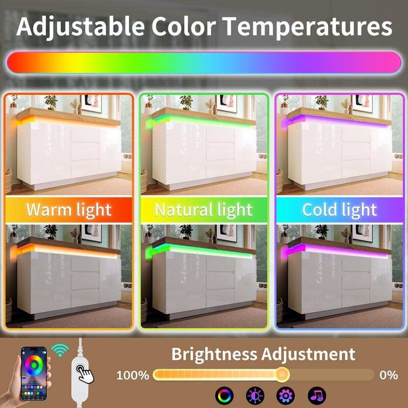 White High Gloss LED Sideboard Cabinet with Drawers & Storage Unit