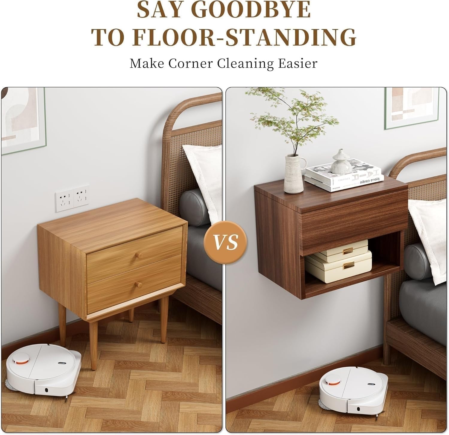 Modern Floating Walnut Bedside Tables Set of 2 – Wall Mounted Drawers & Shelves