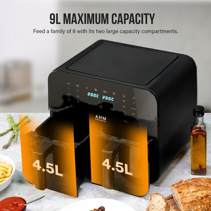 9L Dual Basket Air Fryer Smart Touch 8 Presets Window Sync Cook 200°C Black