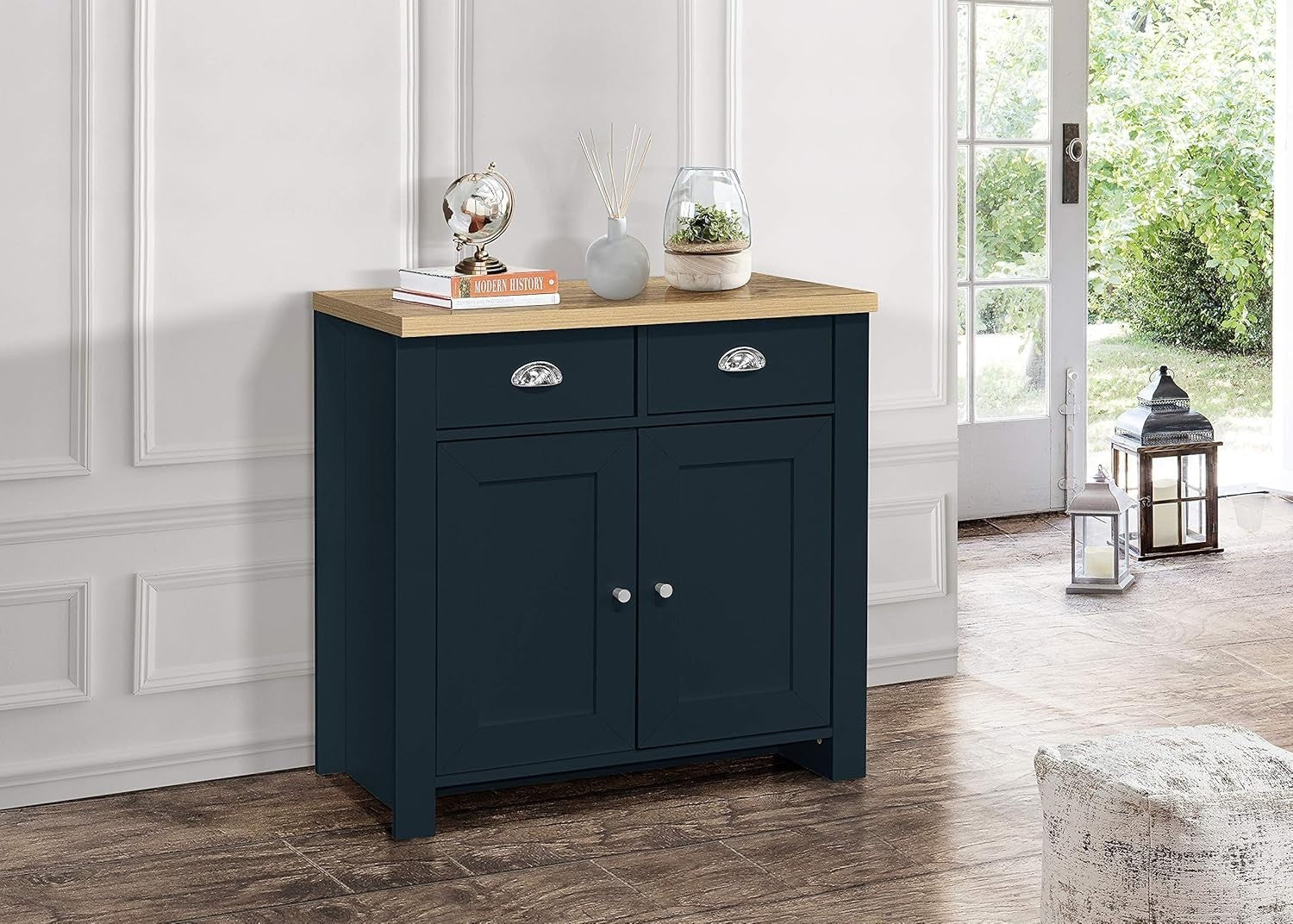 Blue Oak Sideboard 2 Drawer Storage Unit Cupboard Shabby Chic Cabinet