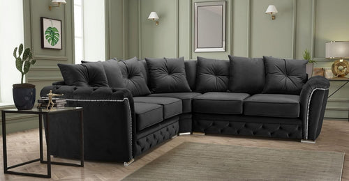 Luxury Chesterfield Black Plush 5 Seater Corner Sofa Studded Arms L-Shape