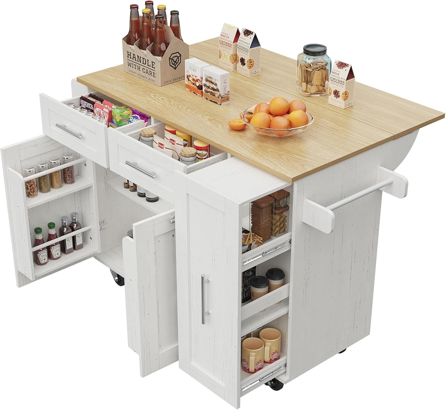 White Multifunctional Rolling Kitchen Island with Foldable Top, Drawers & Cabine