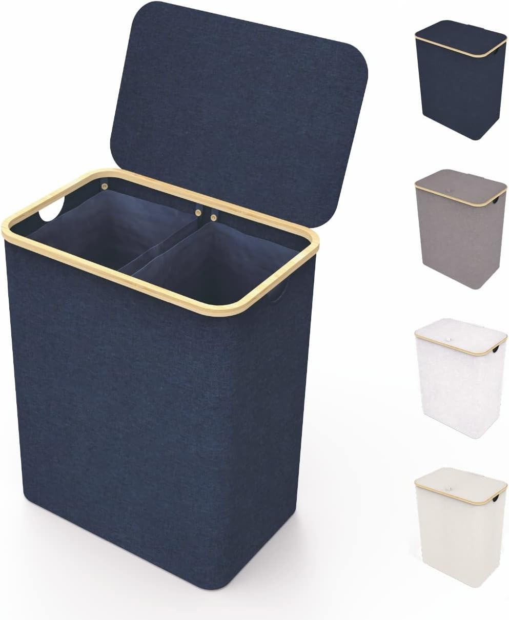 150L Double Laundry Basket Blue with Lid & Bamboo Frame | Large Laundry Hamper