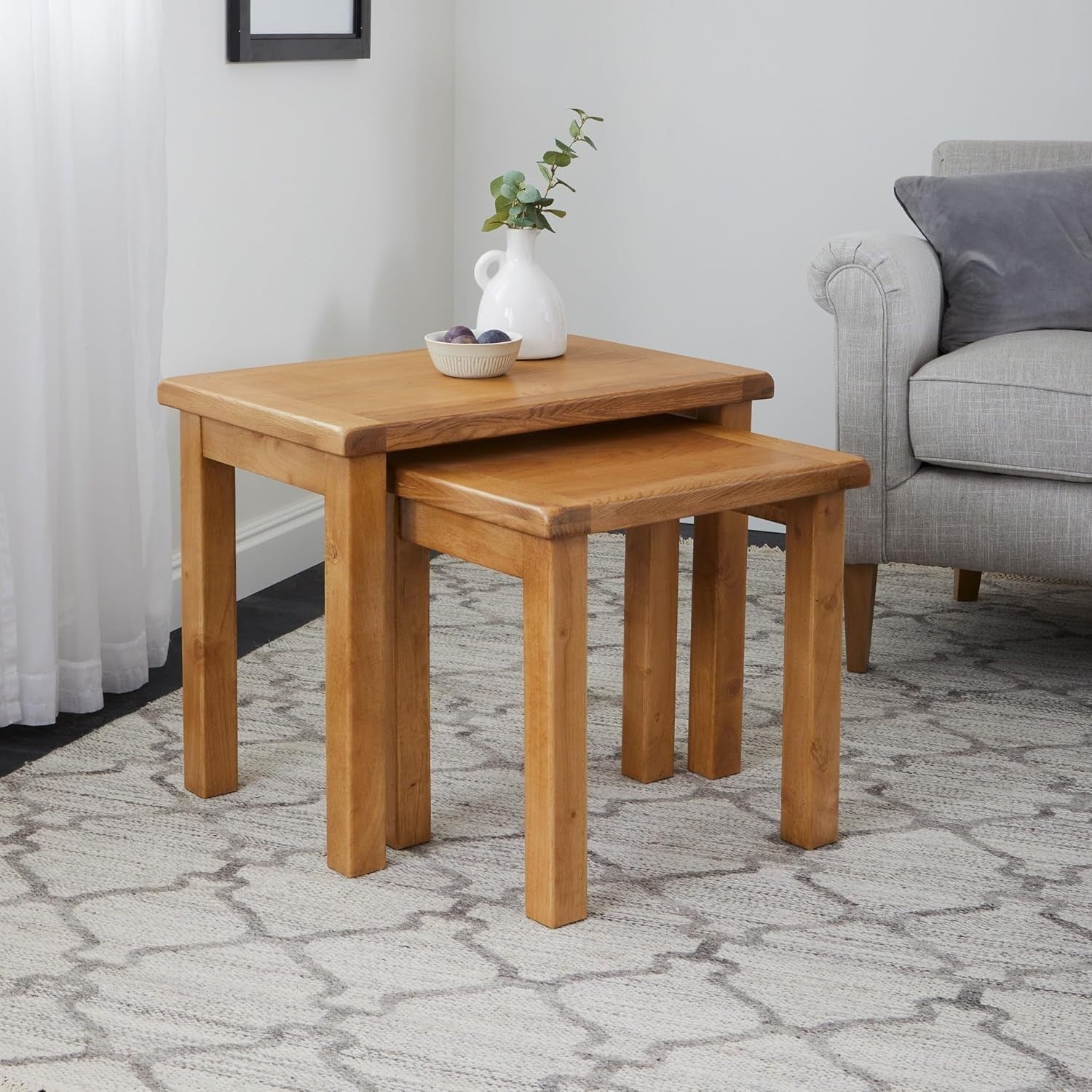 Oak Nest of 3 Side Tables Set Solid Wood Waxed Finish Rectangular Living Room