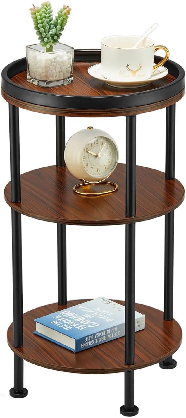 3 Tier Round Side Table with Storage Shelf Metal Frame Small Space Cherry 30x55