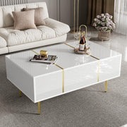 White High-Gloss Coffee Table with Storage Drawers & Gold Accents, 100x60x41cm