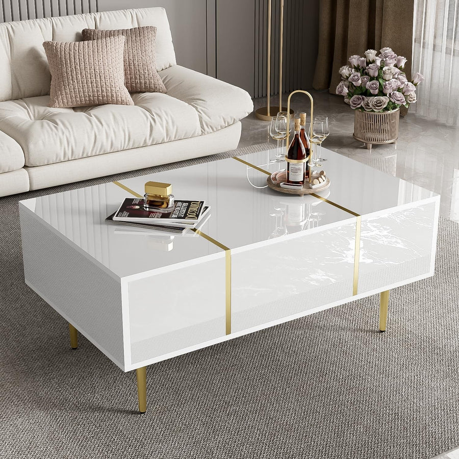 White High-Gloss Coffee Table with Storage Drawers & Gold Accents, 100x60x41cm