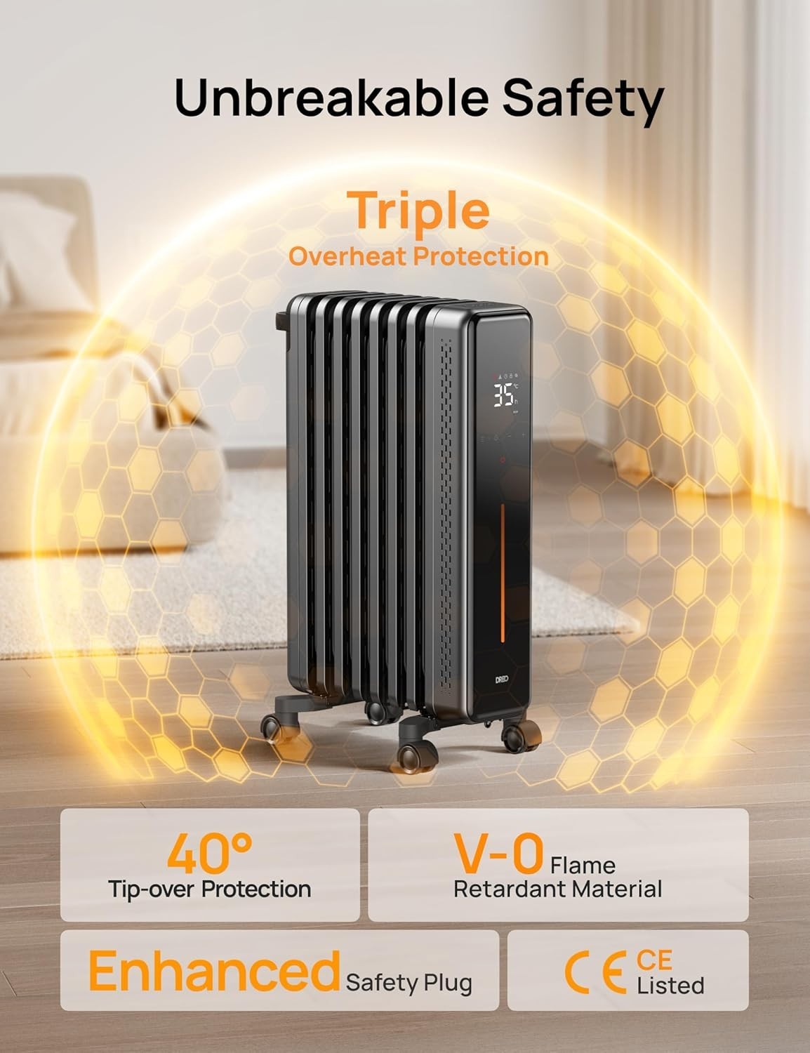 Oil Filled Radiator Heater 2000W Large Room Silent Digital Thermostat Remote