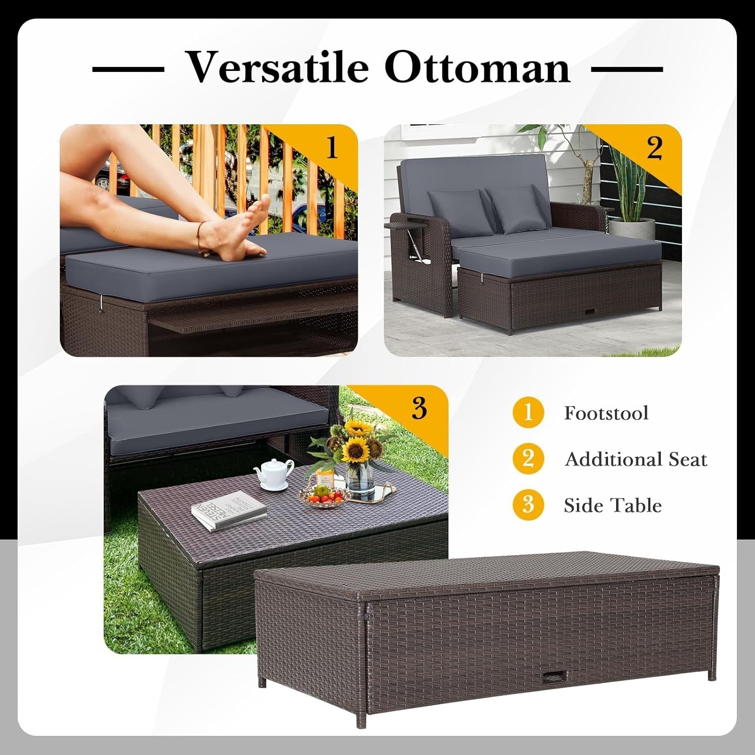 Grey+Brown 2-Seater Rattan Outdoor Daybed with Adjustable Back, Ottoman & Cushio