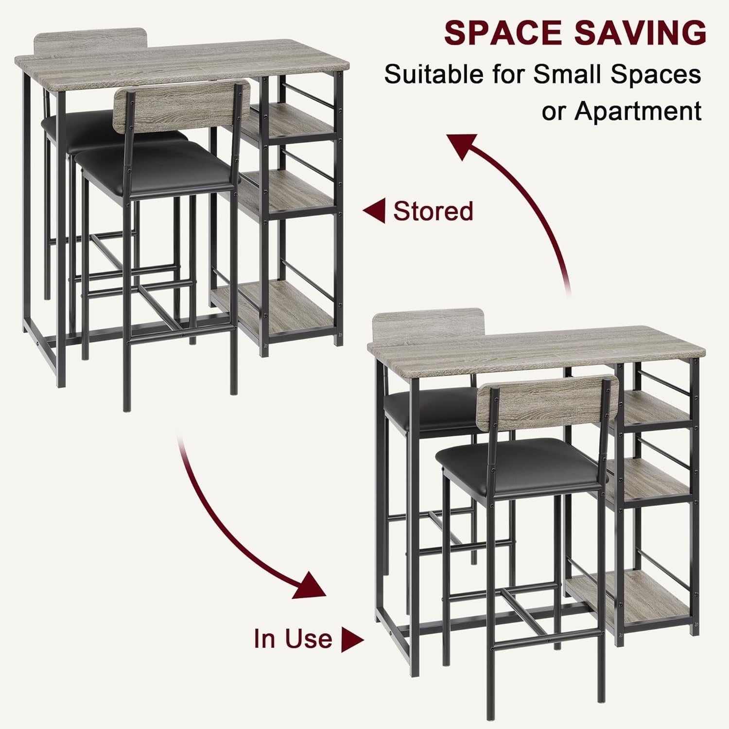 3 Piece Bar Table Set 2 PU Leather Stools & Storage Shelf High Dining Furniture