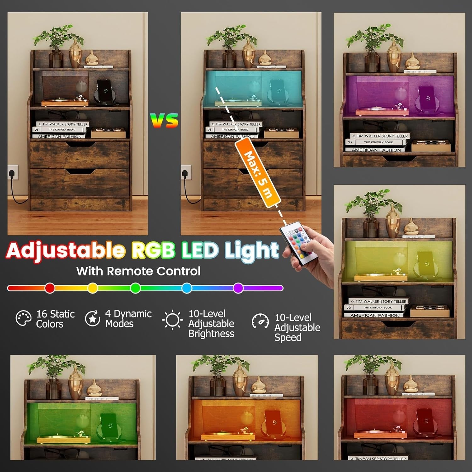 Rustic Brown LED Bedside Tables with Charging Station, Drawers & RGB Shelves (Se