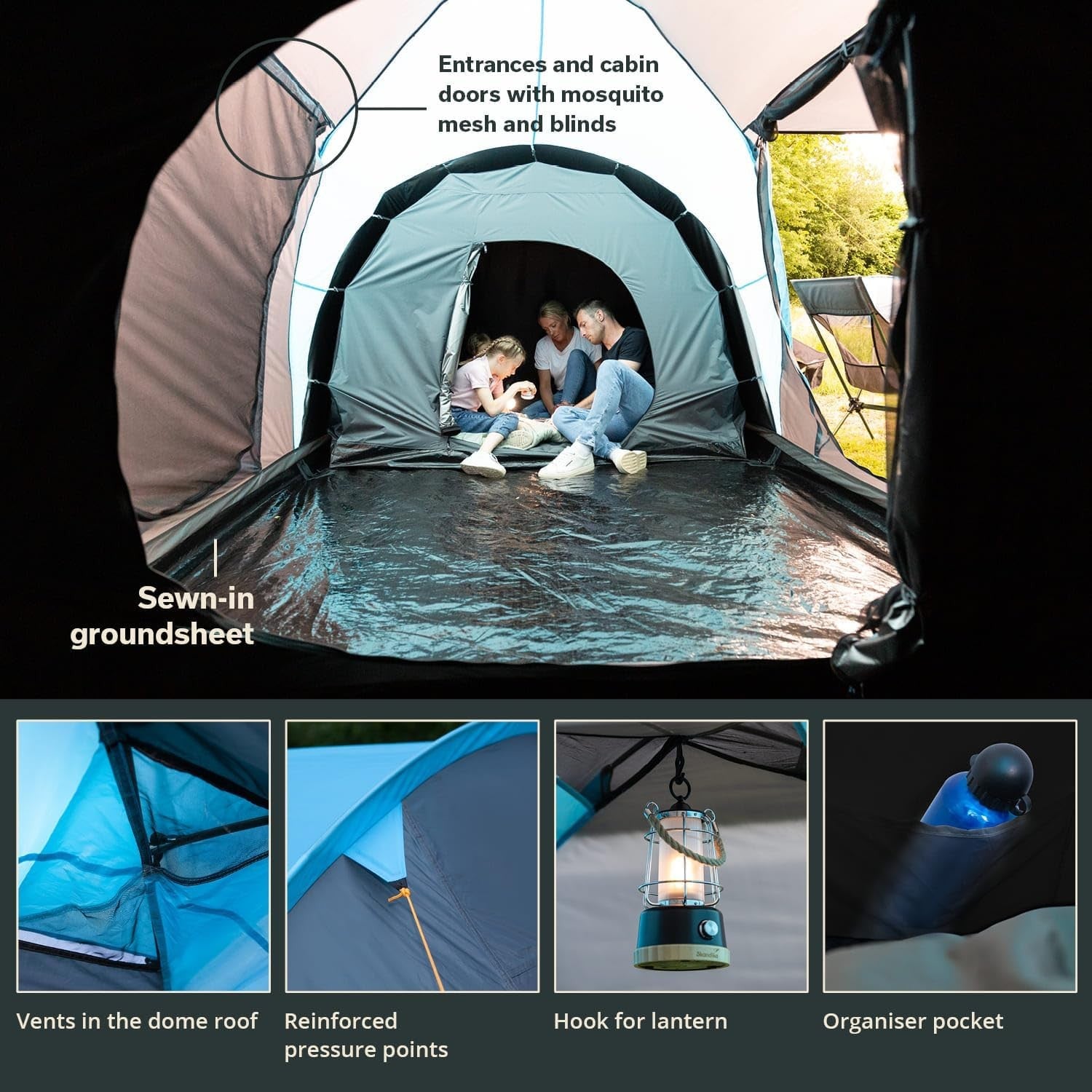 4 Person Family Dome Tent 2 Sleeping Cabins 200cm Height
