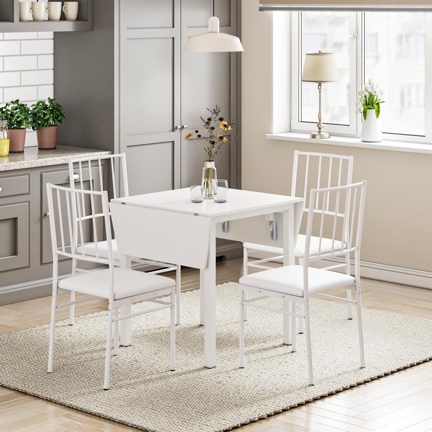 Drop Leaf Dining Table & 4 High Back Chairs, Space-Saving, Modern Design