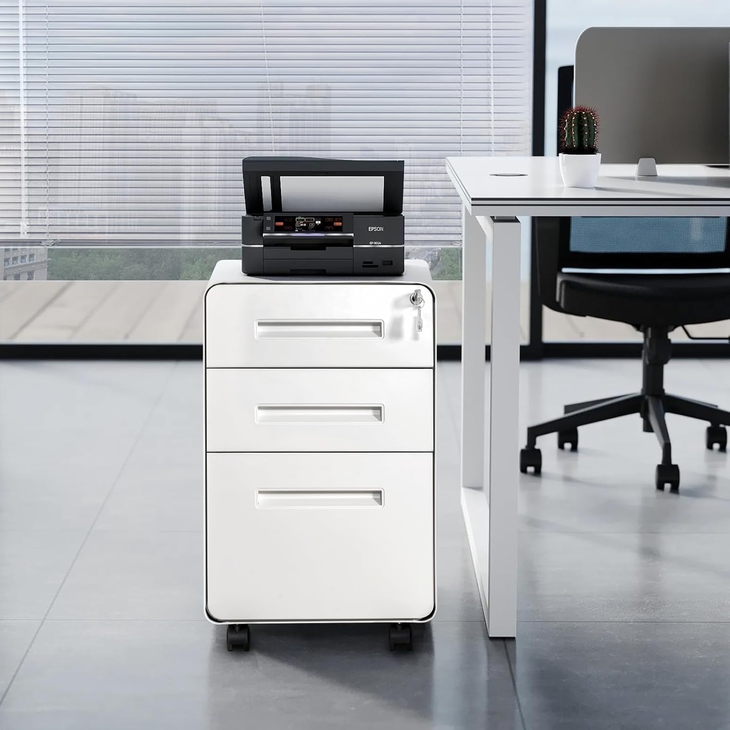 White 3 Drawer Lockable Mobile File Cabinet 51x40x63.5cm