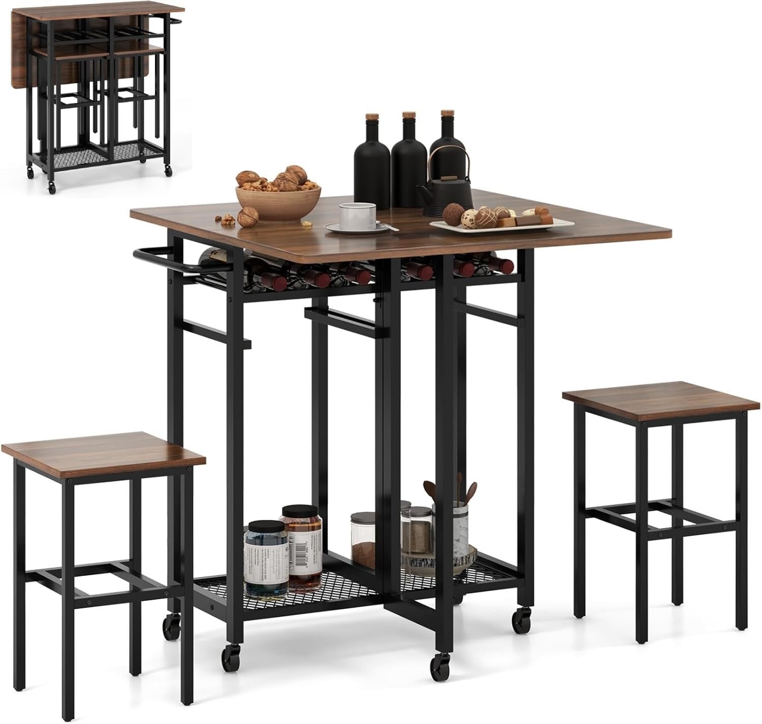 Foldable Drop Leaf Dining Table Set with Wine Rack Shelves & Stools on Wheels