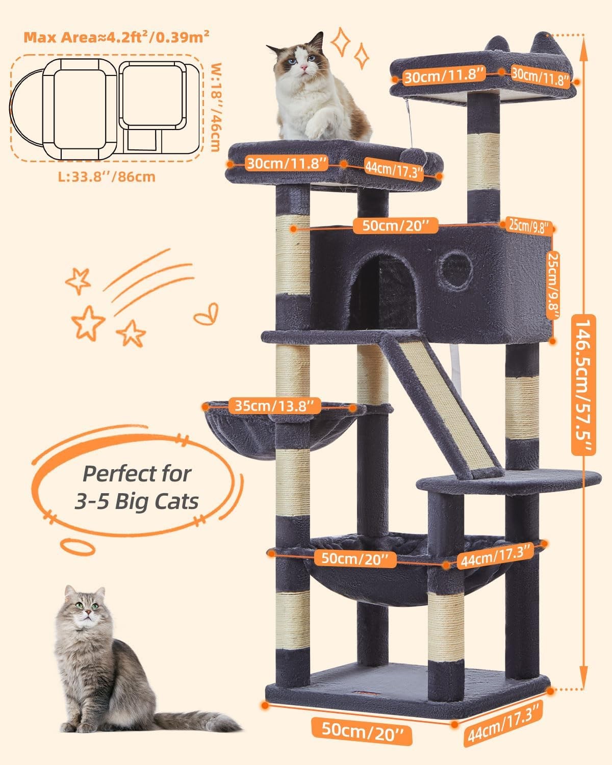 Large Cat Tree Tower 146cm Multi Level Scratching Posts Hammock Condo
