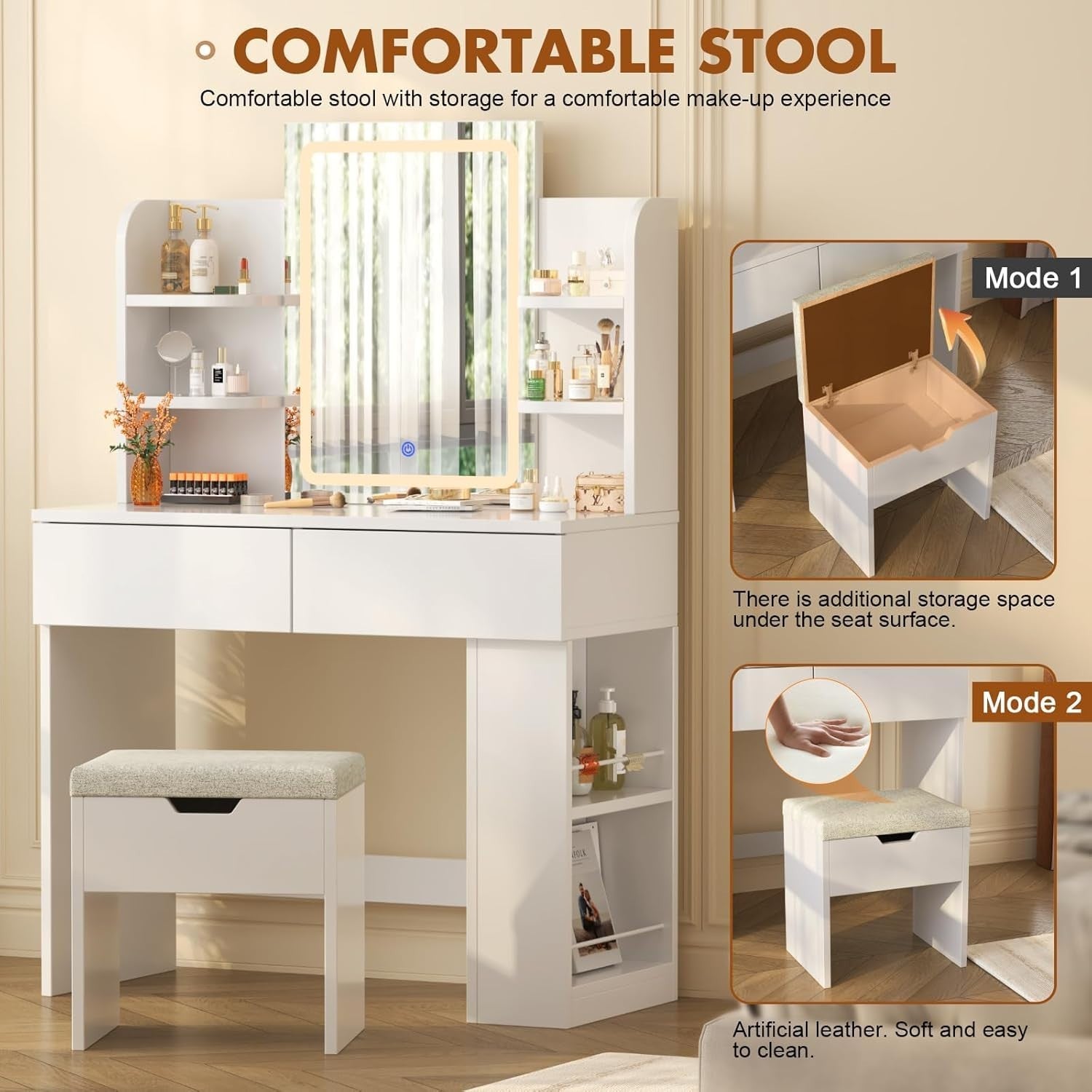 Modern Dressing Table Vanity Mirror LED Lights Makeup Desk Storage Chair White