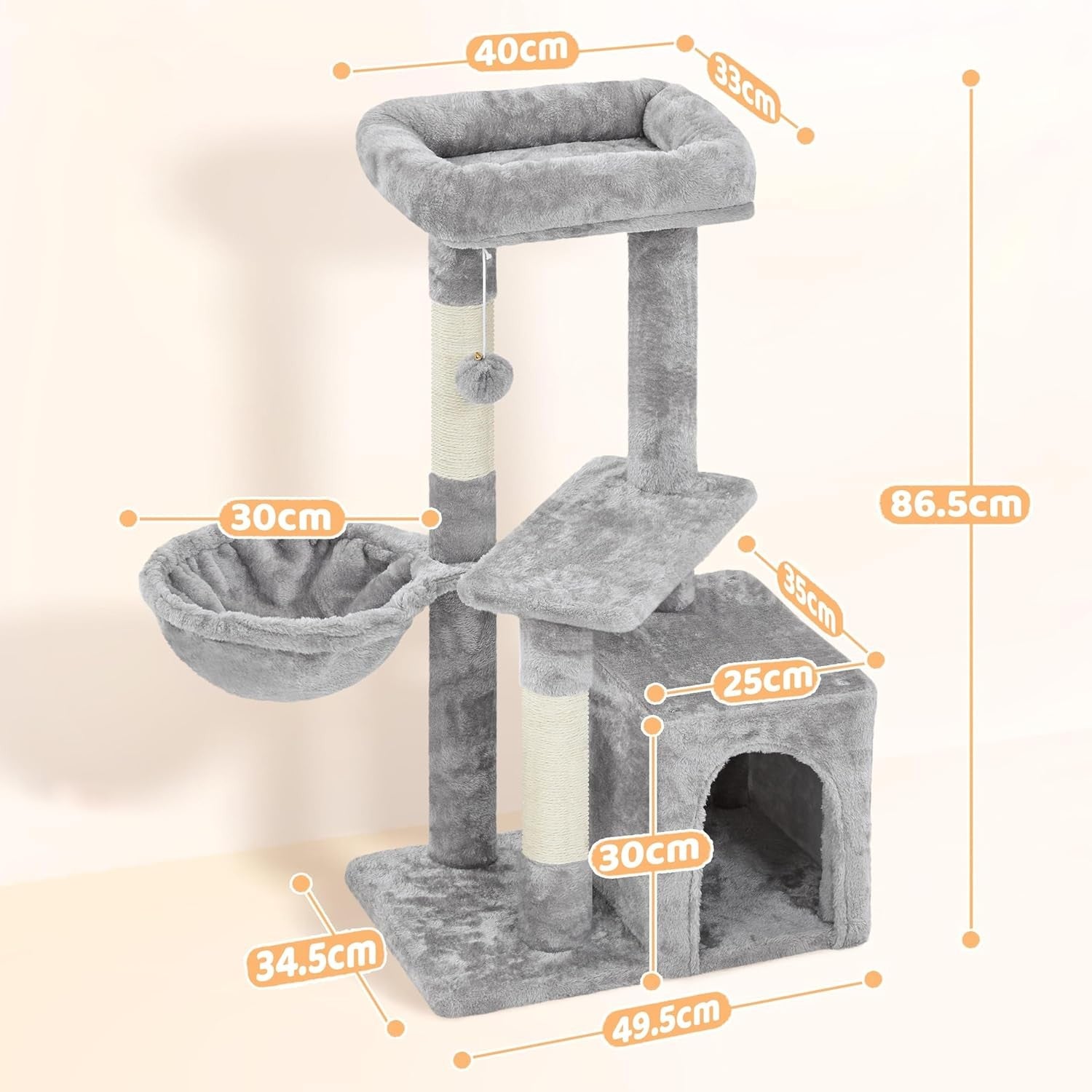 Small Cat Tree 87cm Multi Level Scratching Tower with Condo Light Grey