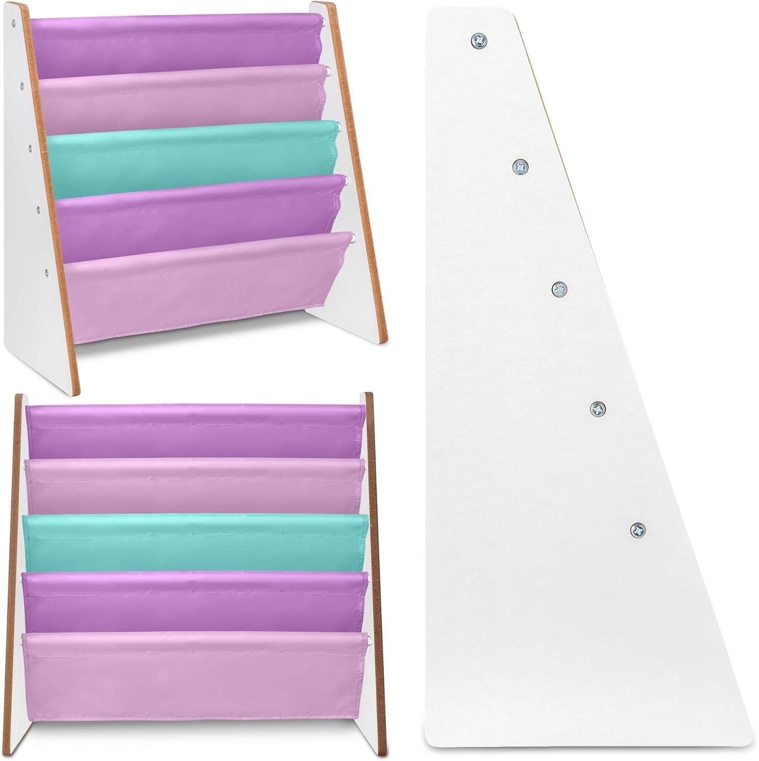 Kids Pink Sling Bookshelf – 4-Tier Wooden Storage with Soft Fabric Shelves