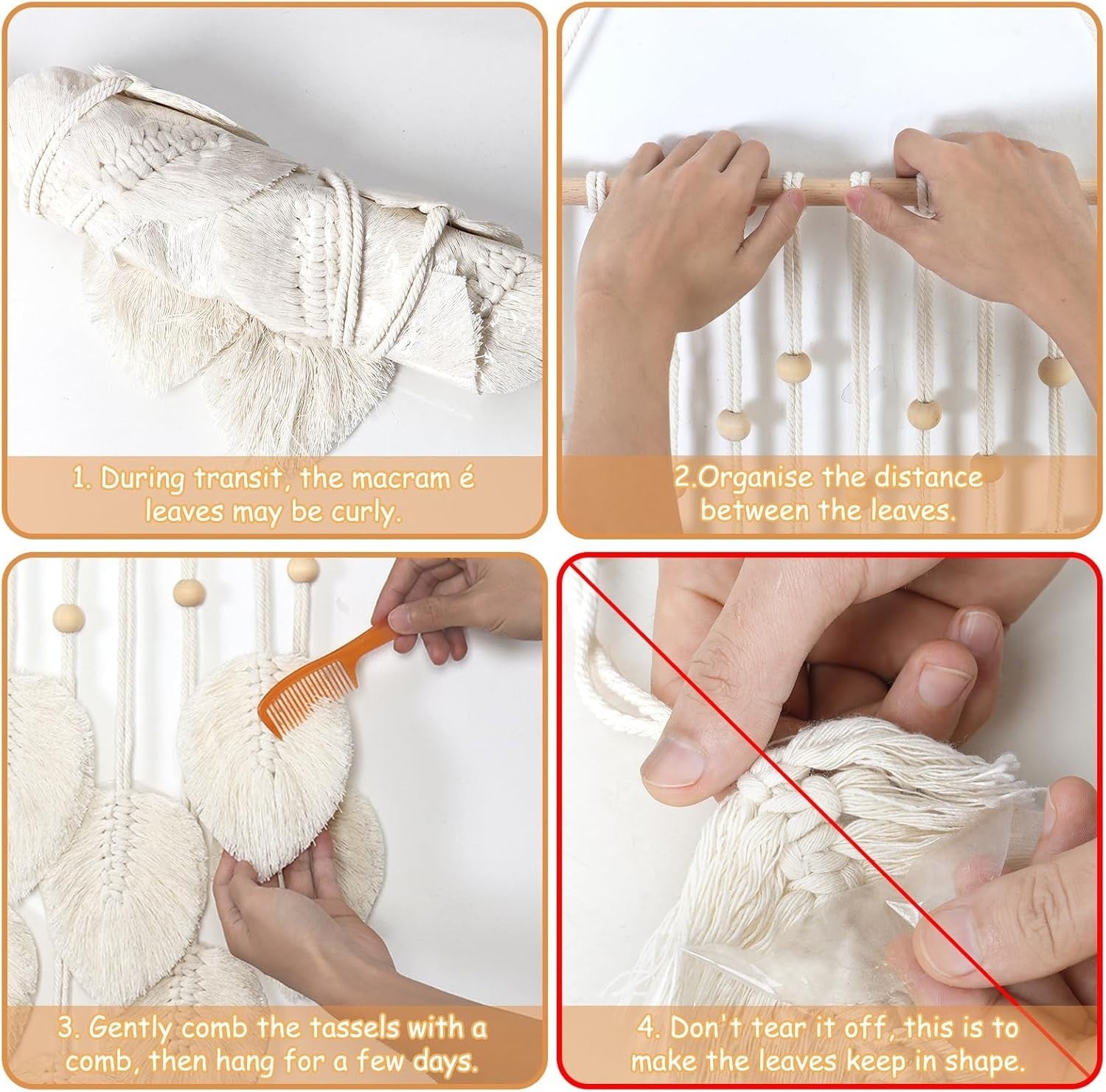 Macrame Wall Hanging Beige Leaf Boho Tassel Wall Decor Handmade