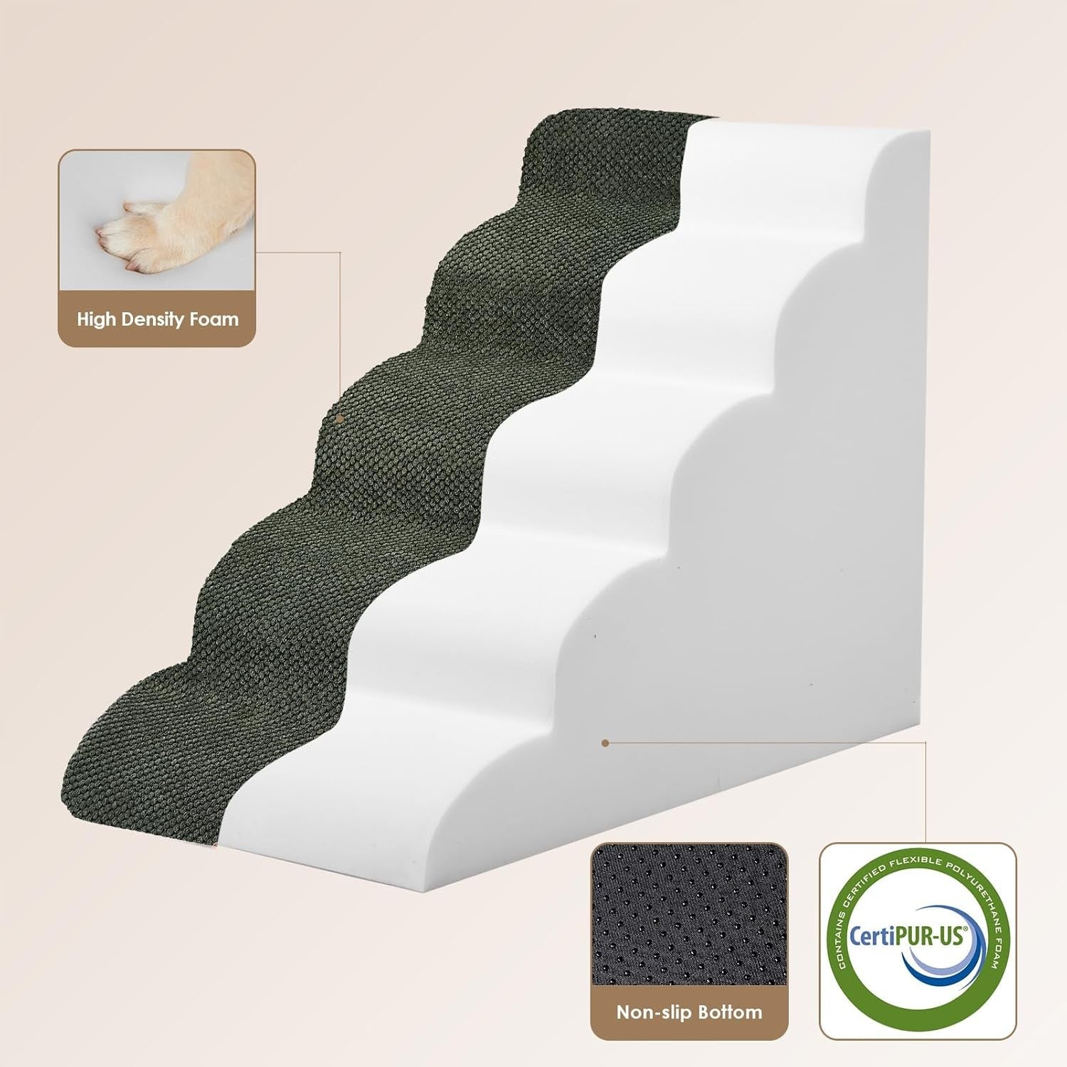 5 Step Dog Stairs for High Bed Non Slip Pet Steps Olive 83.5cm