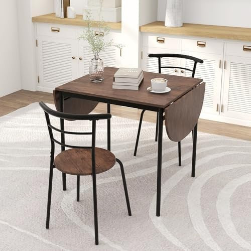 3PCS Folding Dining Table Set Rustic Brown Drop Leaf Chairs Space-Saving