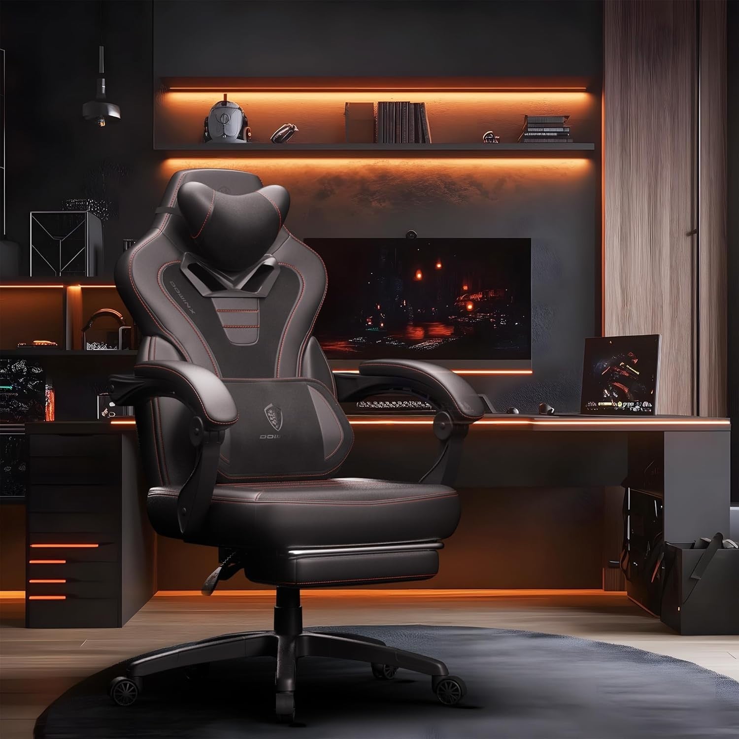 Ergonomic Reclining Gaming Chair Office Desk Seat Massage Headrest Footrest 70D