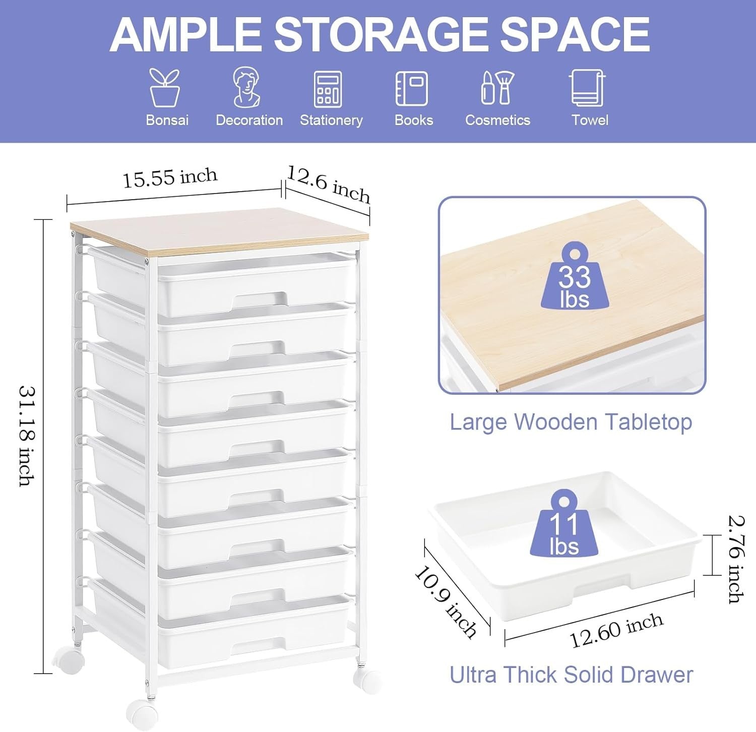 8 Drawer Mobile Storage Cart Rolling Utility Organizer White Trolley