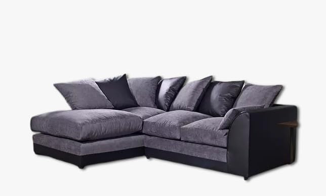 4 Seater Modular L Shape Sofa - Black Leather & Grey Chenille, Scatter Back Comf