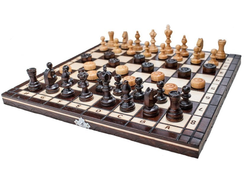 35cm Wooden Chess Set Handcrafted Cherry Wood Board & Draughts Game