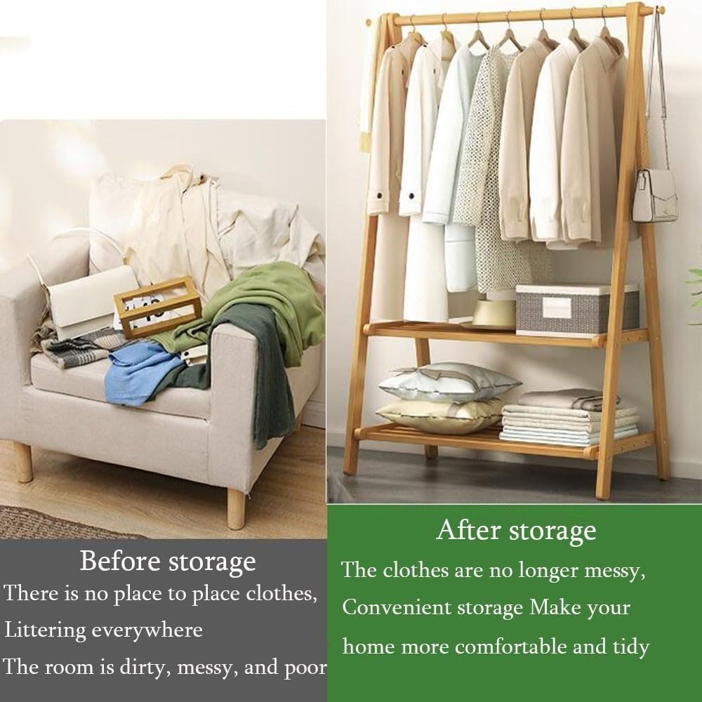 Wooden Clothes Rail Rack Double Layer Storage Shelf Pine Stand 160cm