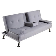Grey Velvet Sofa Bed 3 Seater Fold Out Couch w/ Cup Holders & Armrests