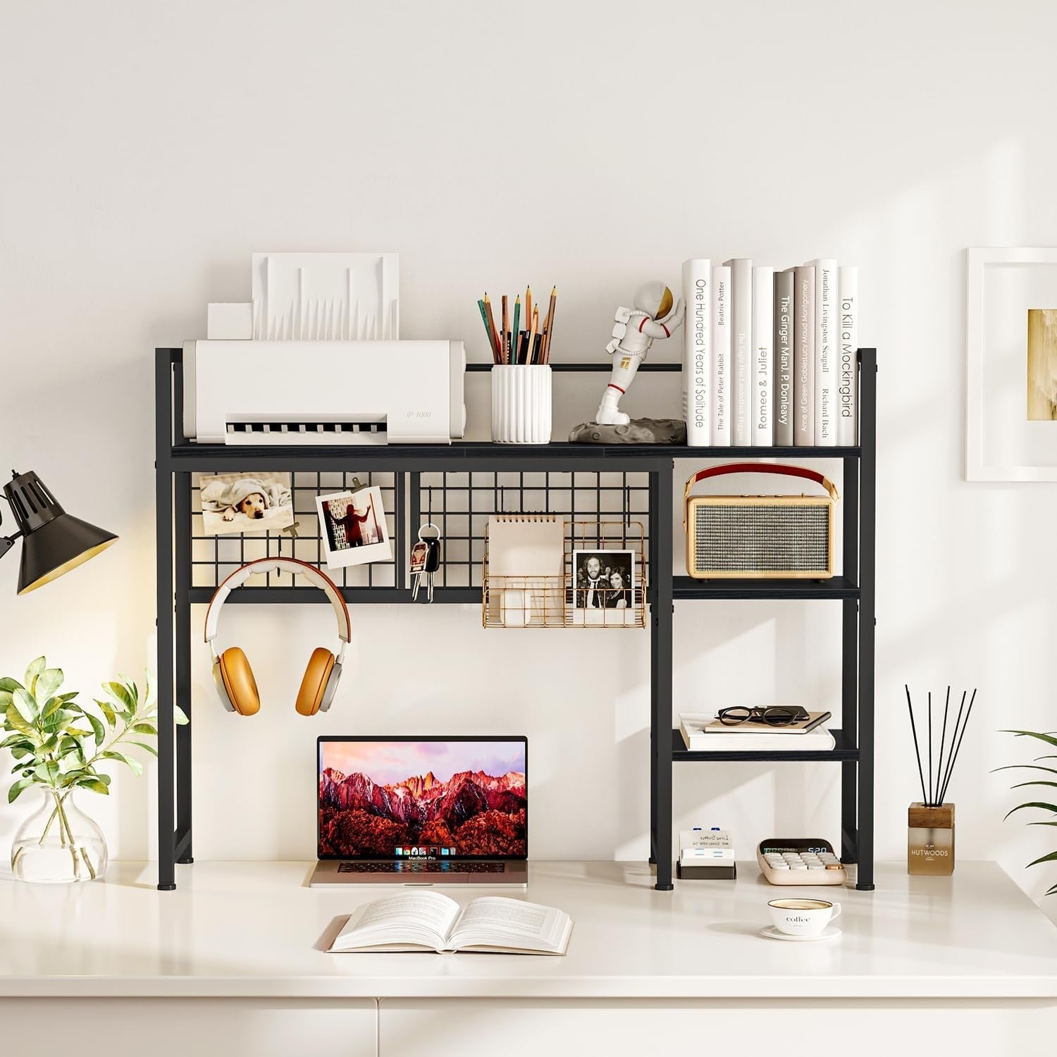 38.6" Desk Hutch Shelf with Pegboard Hooks | 4-Tier Desktop Organizer Rack Black