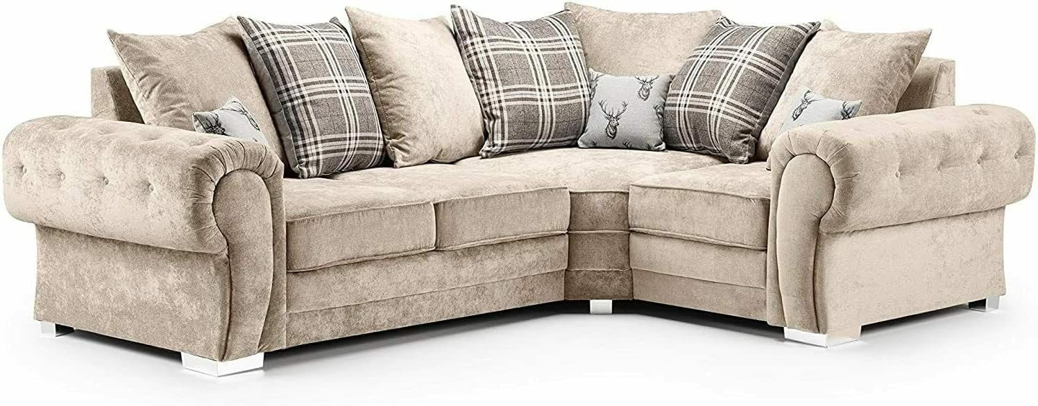 Beige Fabric Corner Sofa 4 Seater Left Hand L Shape with Cushions 220x160cm