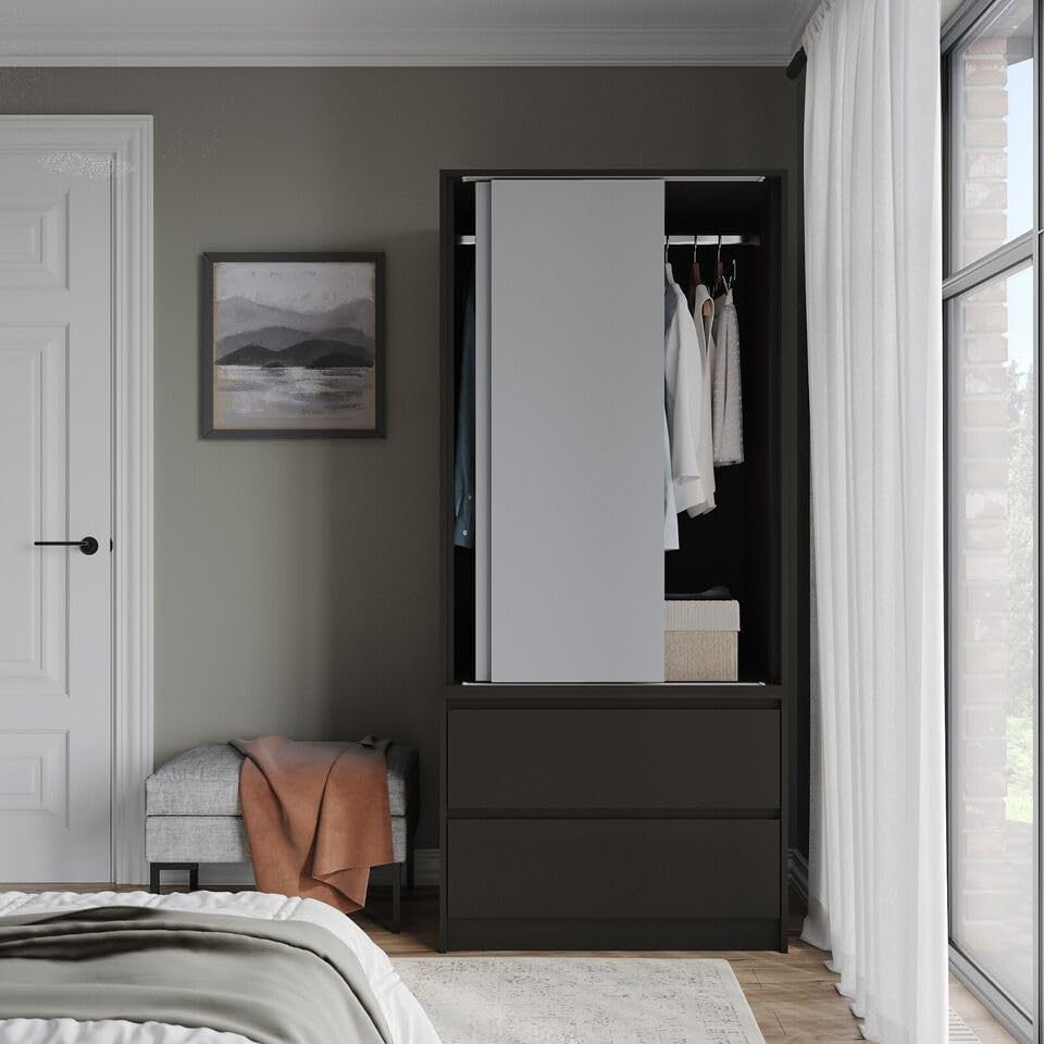 Modern Sliding Wardrobe 2 Door with Rail & Drawers – Soft Close Storage