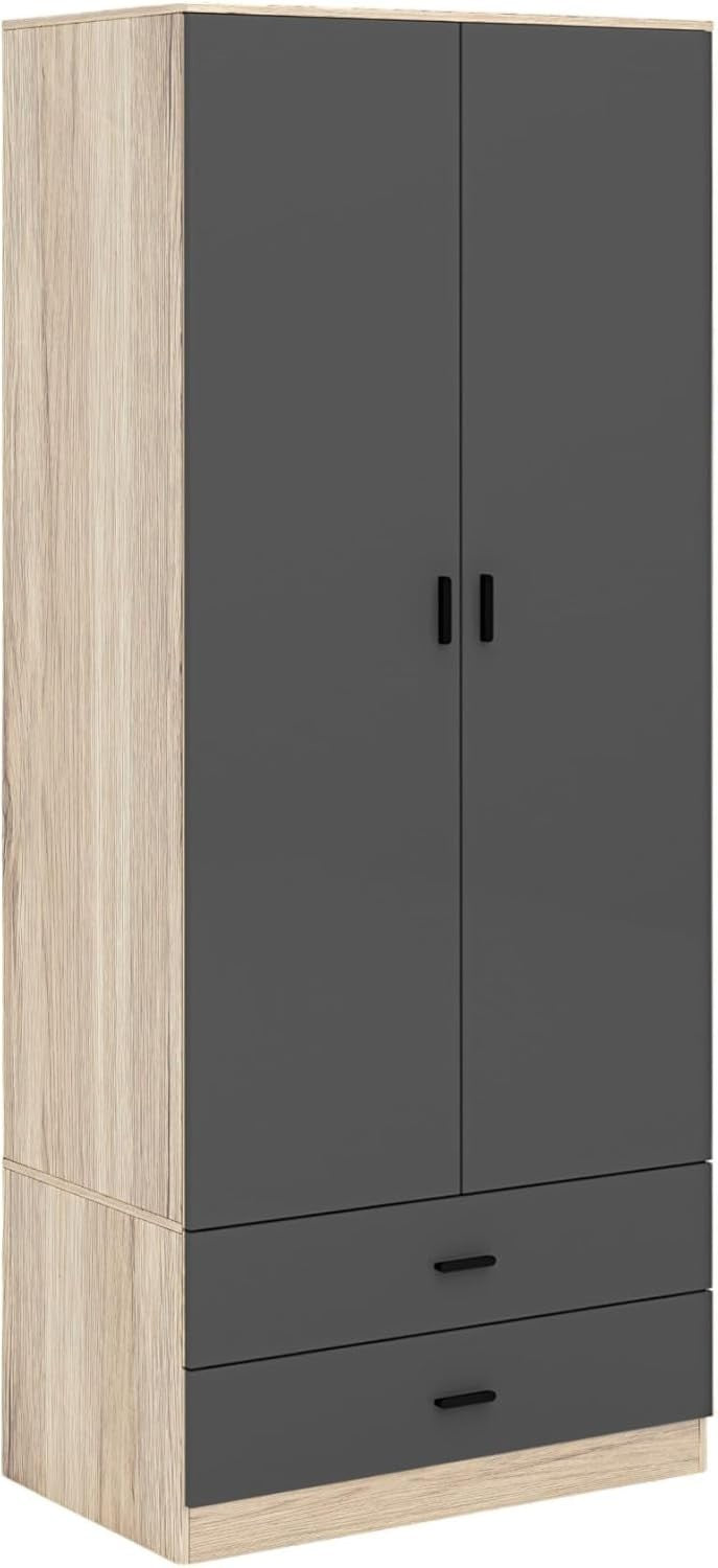 Tall Oak 2 Door Wardrobe Black Drawers | Modern Bedroom Clothes Storage