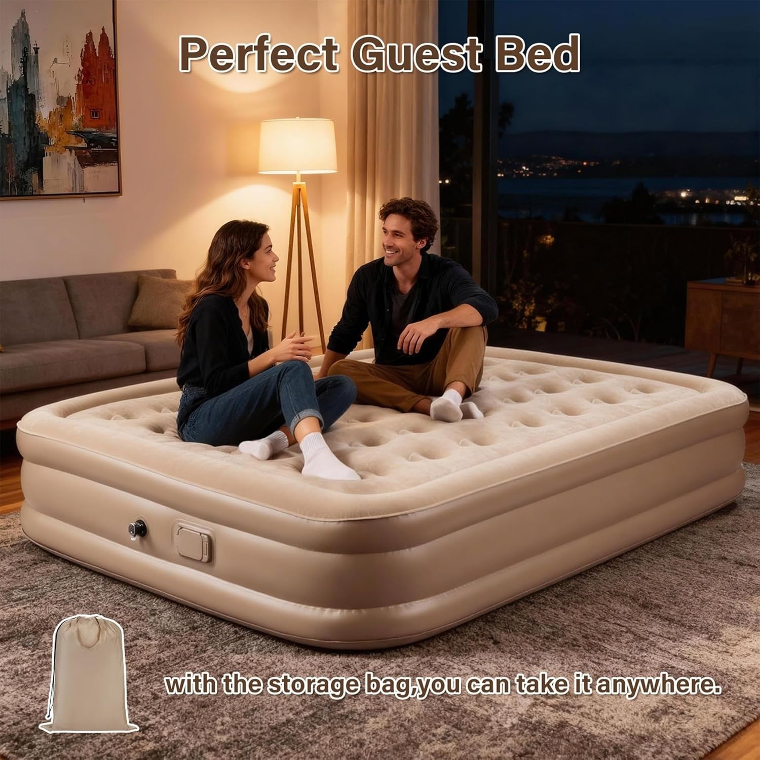 Super King Inflatable Air Mattress with Built-in Pump, Pillows & Flocked Top