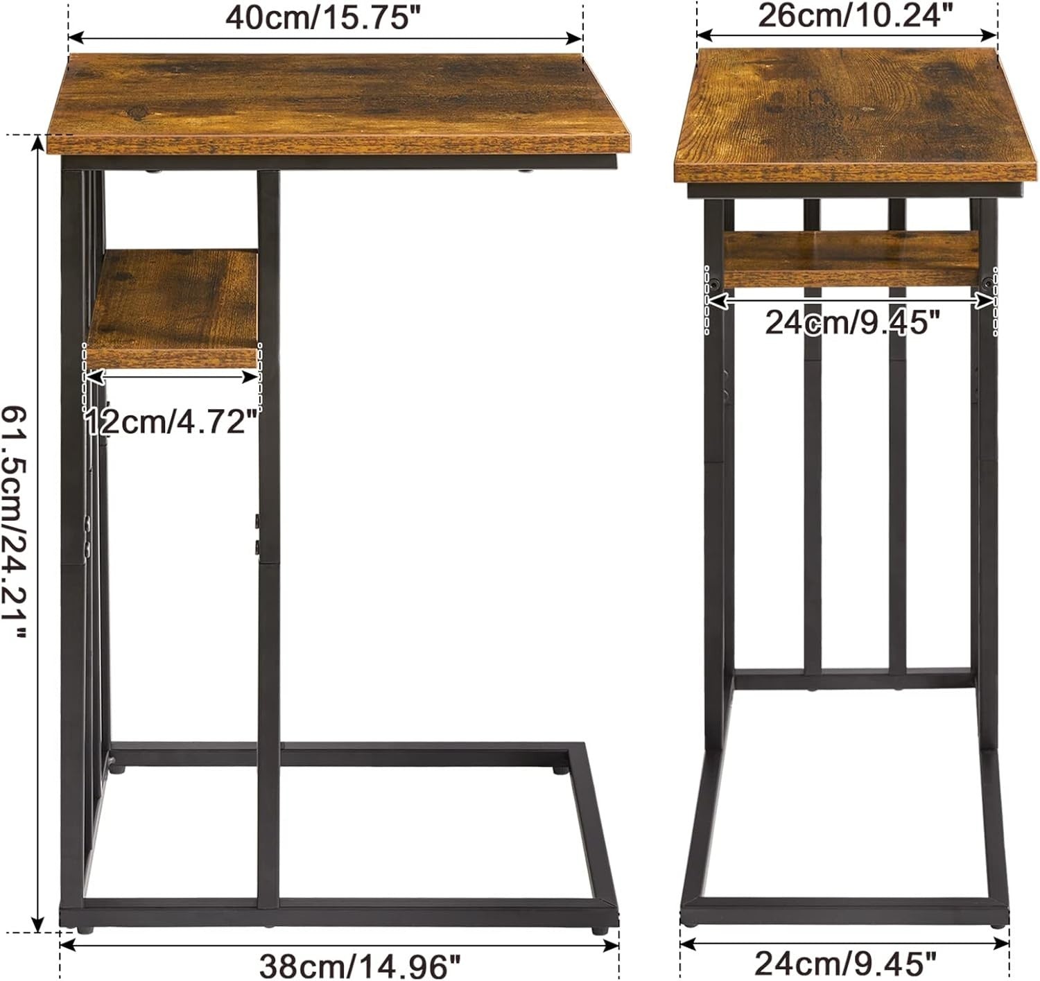 Rustic Brown C-Shaped Side Table 40x26x60 cm | Small End Table for Sofa & Bed