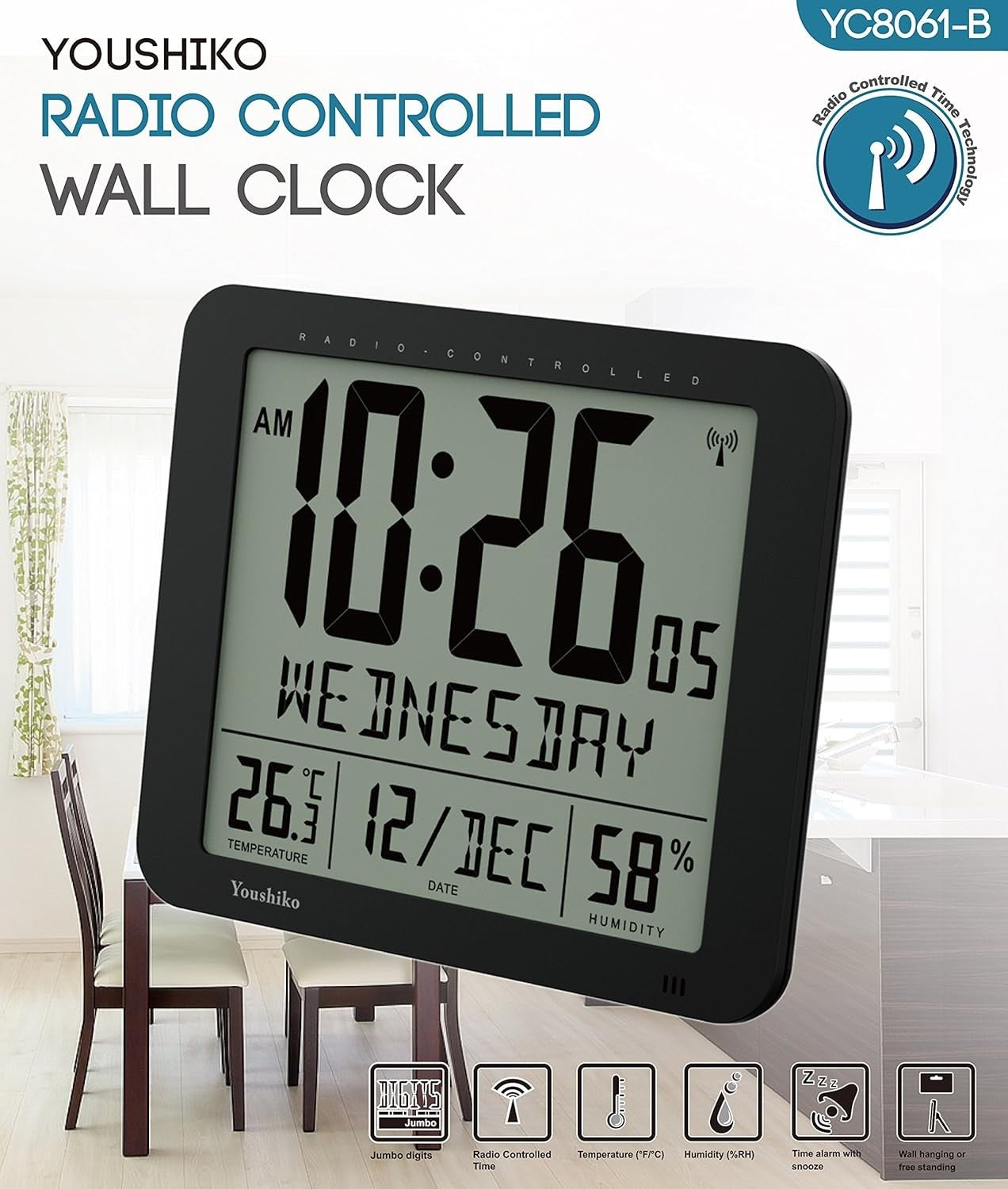 Jumbo Radio Controlled Wall Clock Large LCD Display Temp Humidity
