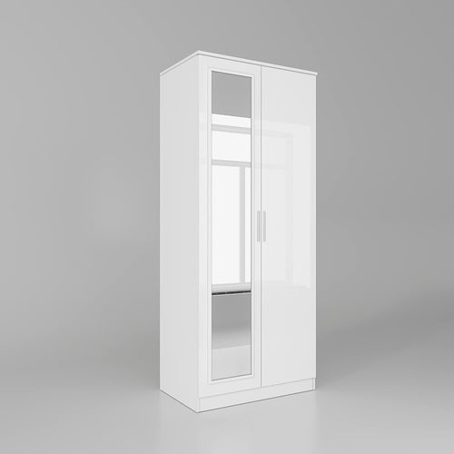 White Gloss 2 Door Wardrobe with Mirror & Rail Bedroom Storage 180cm