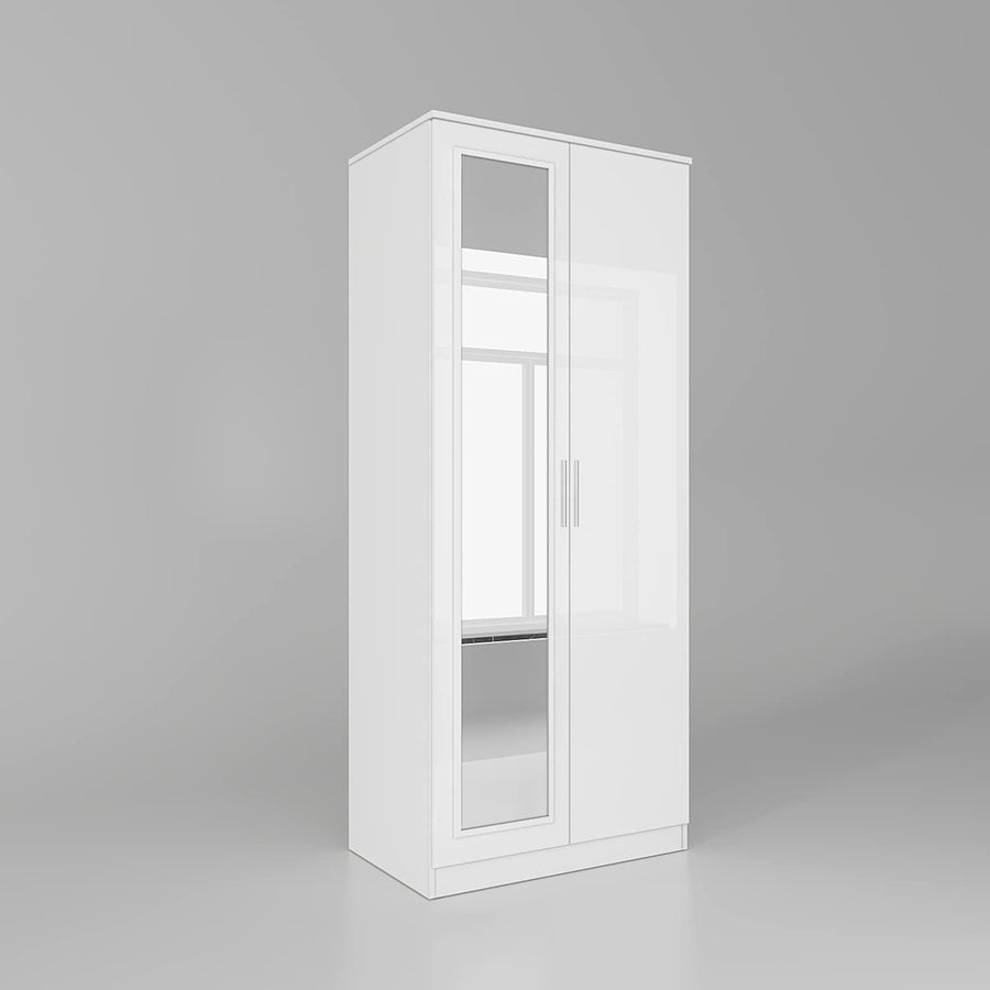 White Gloss 2 Door Wardrobe with Mirror & Rail Bedroom Storage 180cm