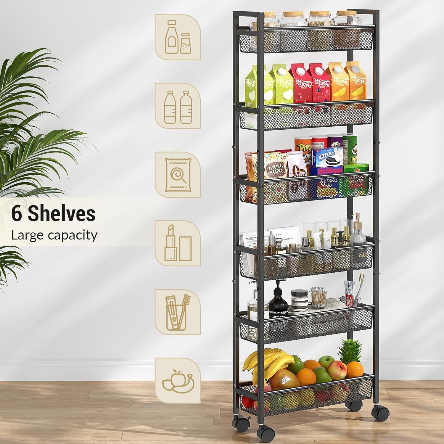 6 Tier Slim Storage Cart Narrow Rolling Organizer Shelf White Metal