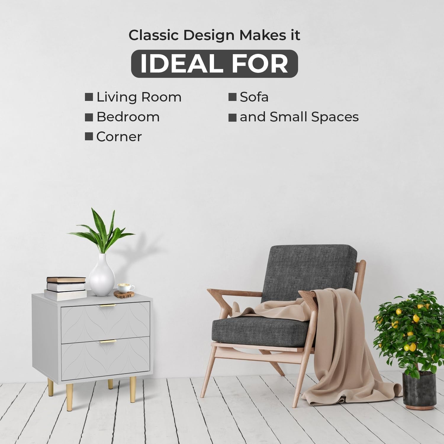 Modern Grey Bedside Table with Bronze Handles | 2 Drawer Nightstand