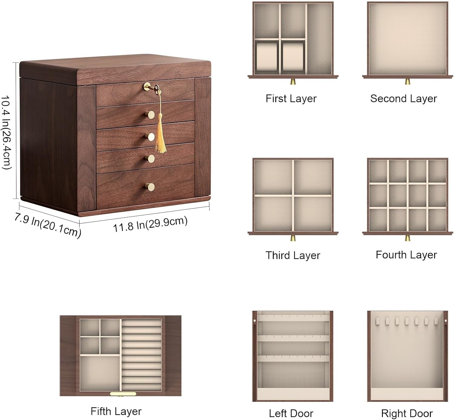 Walnut Wooden Jewelry Box Lockable Mirror 5 Layer Luxury Storage Case